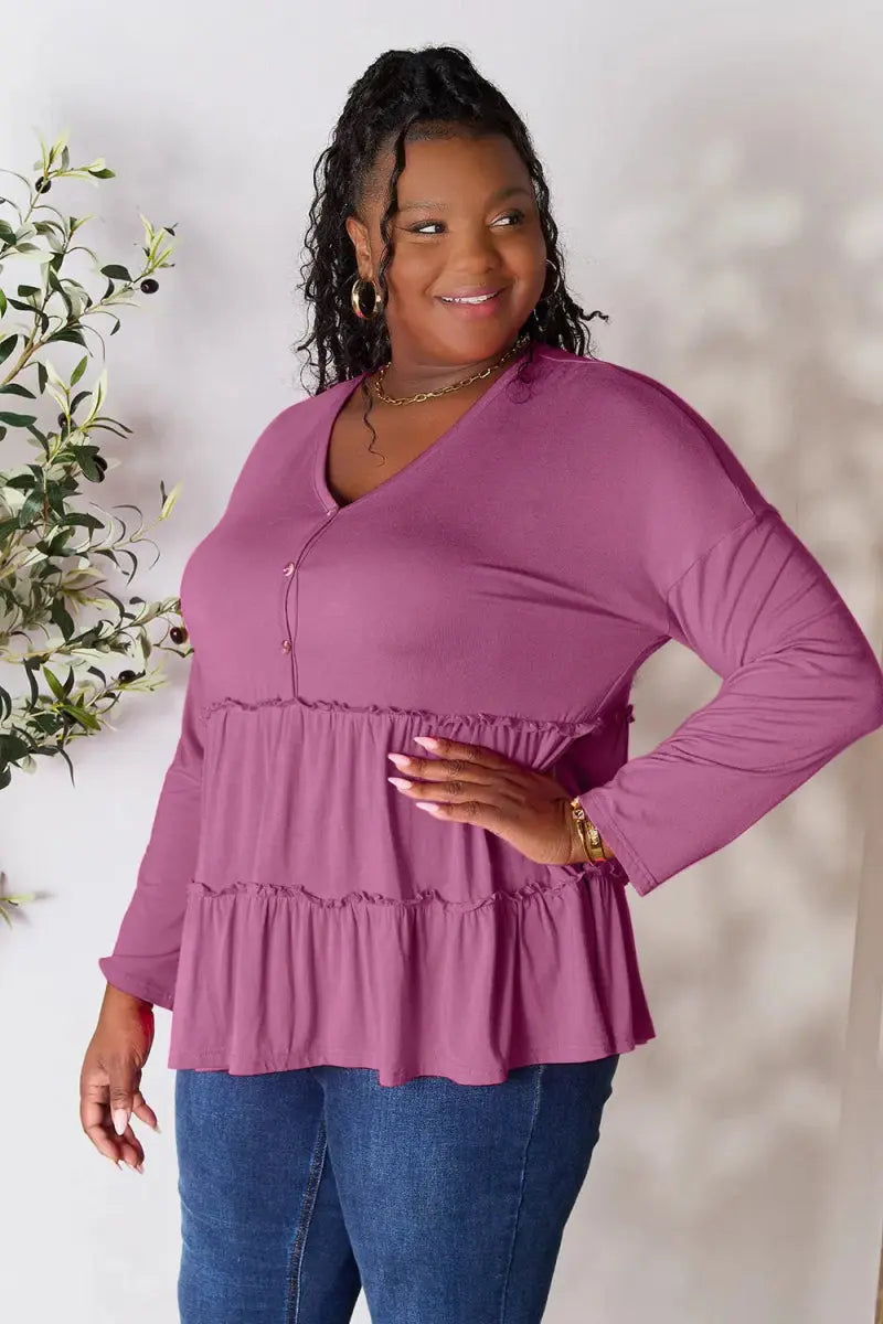 Double Take Half Button Long Sleeve Ruffle Hem Blouse - Love Salve